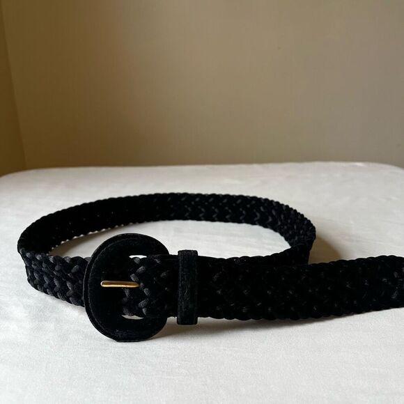 90s Vintage Black Velvet Braided Belt Chunky Round Buckle Boho Casual Medium